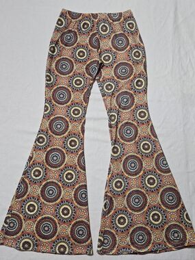 Fashionomics Multicolor Circular Print Flared Leggings - Navy, Orange, Yellow